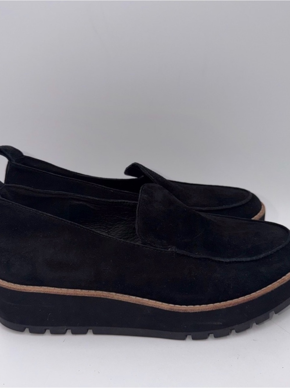 Eileen Fisher. Box. Black Suede Platform Loafers - Sleek Casual Slip-On